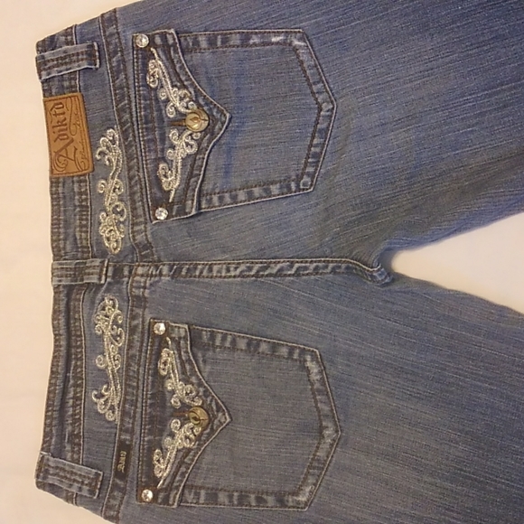 Adiktd Embroidered Denim Blue Jeans Button Down Flaps Gems 10/W31 - Picture 8 of 8